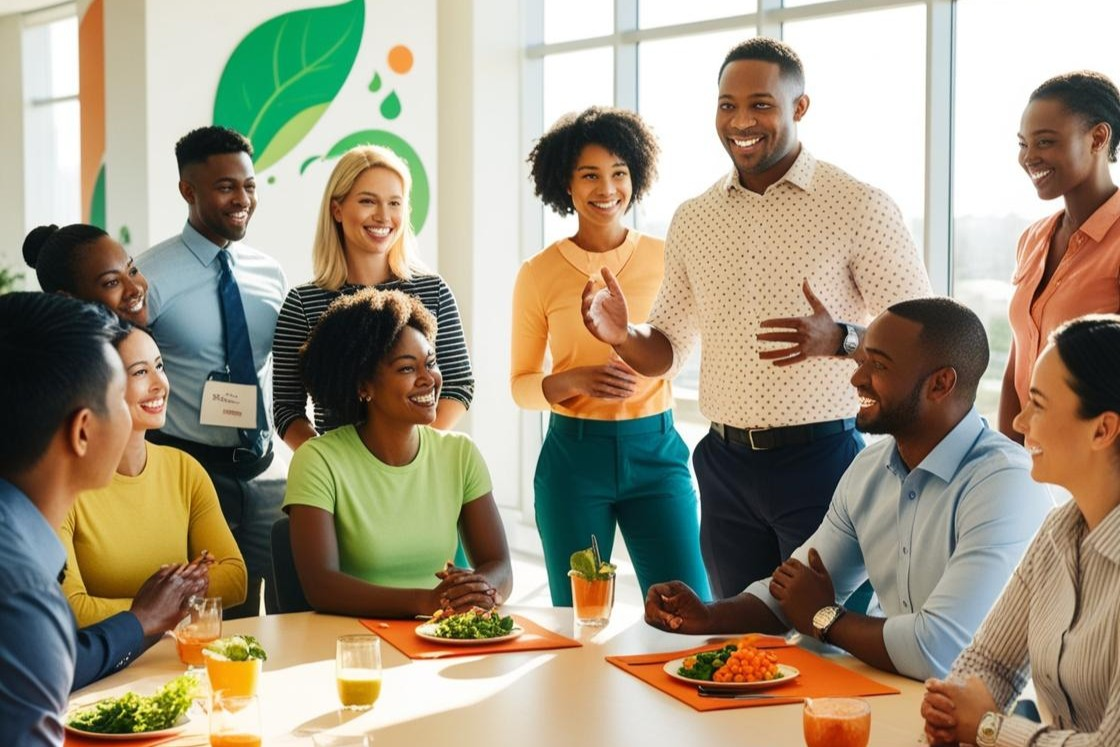 A diverse group of smiling professionals having a positive team discussion in a modern office, representing a healthy workplace culture.