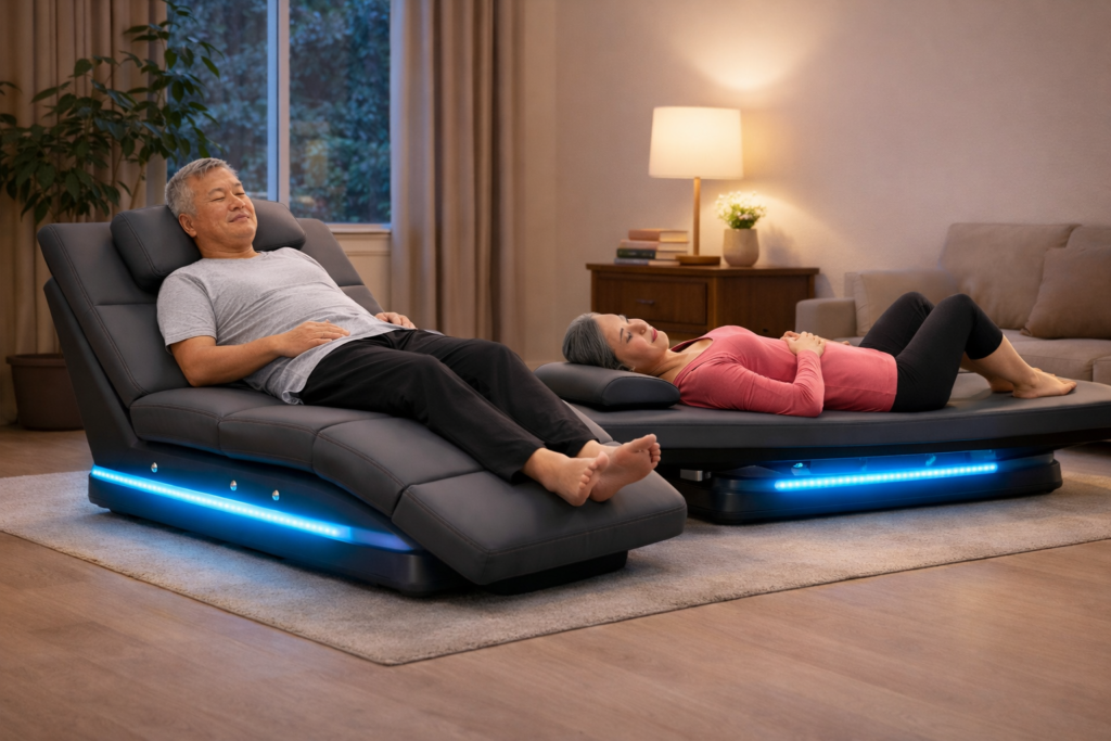 Diagram showing how WBPA (Whole Body Periodic Acceleration) works - horizontal motion while lying down