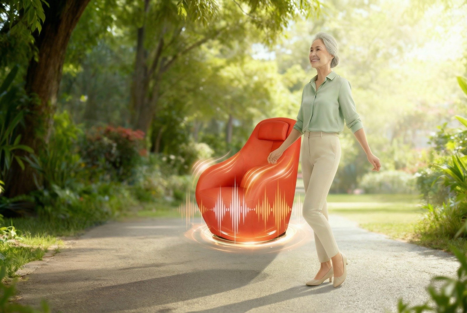 Senior woman using BGREEN uChair for gentle exercise at home in Singapore for Seniors