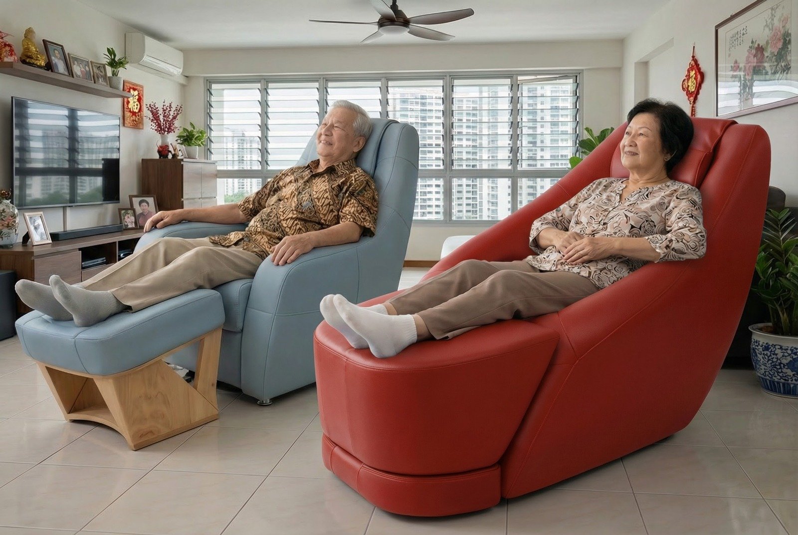 Senior woman relaxing on BGREEN uChair vibration therapy chair at Vibrahealth Singapore