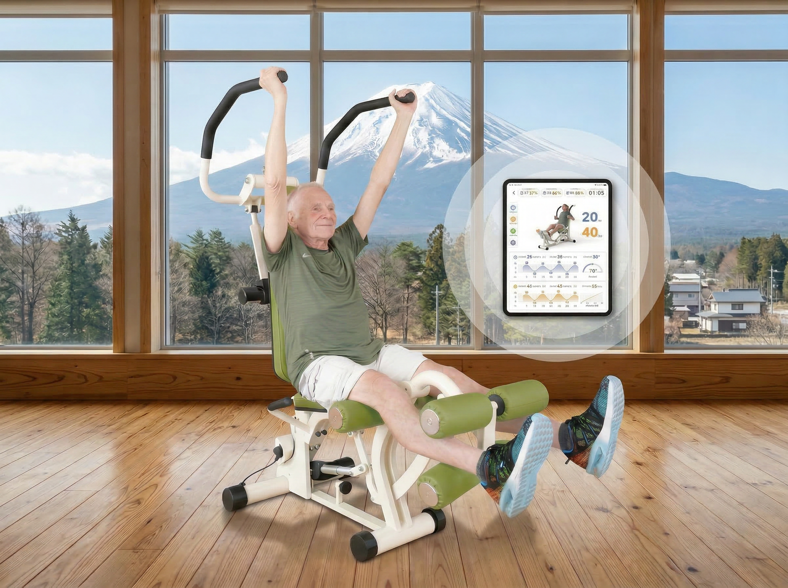 Senior using Turtlegym isokinetic fitness machine with tablet app interface
