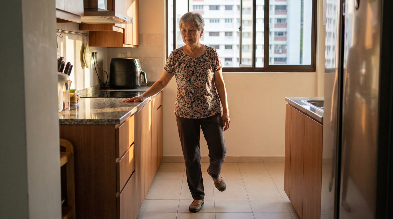 Elderly Singaporean woman standing on one foot holding kitchen counter for support — practicing balance exercises for fall prevention at home in Singapore