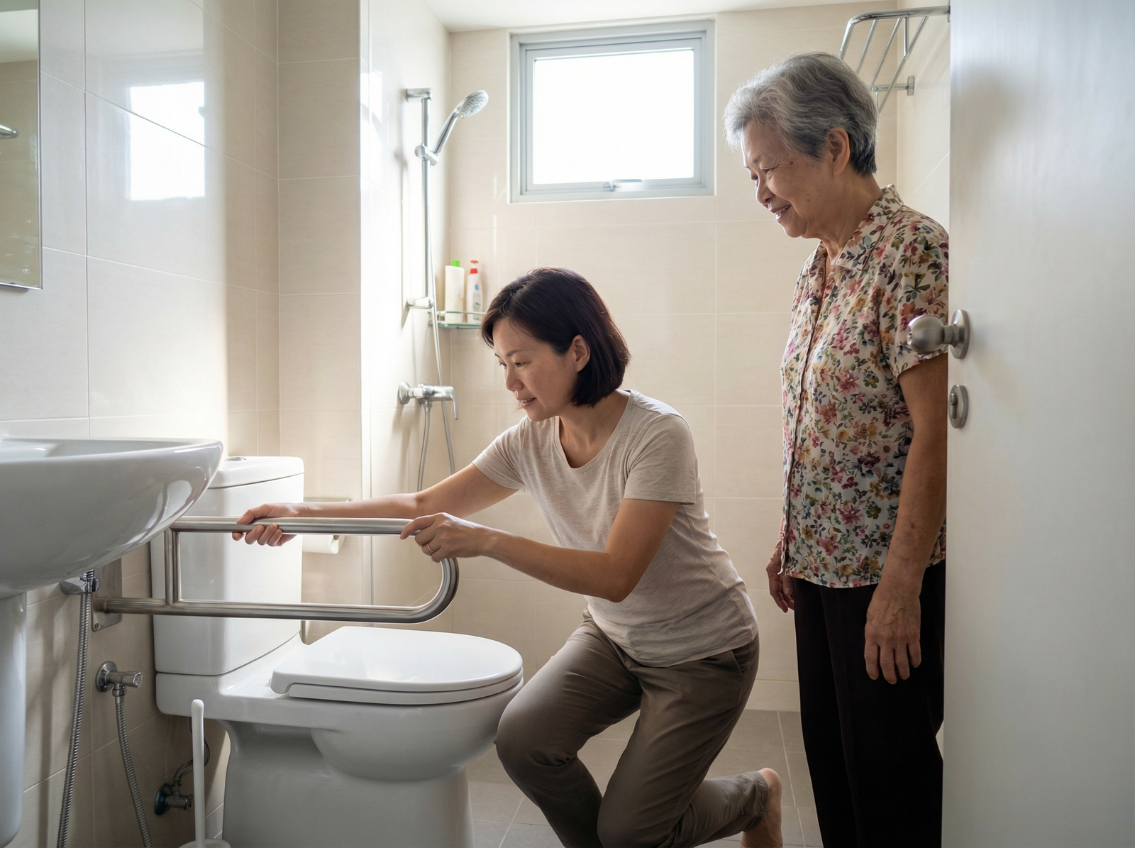Adult Singaporean daughter checking grab rail installation in bathroom while elderly mother looks on — home safety audit for fall prevention in Singapore