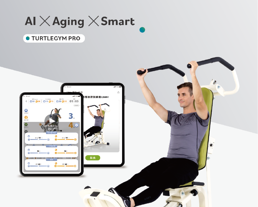 Man using TurtleGym PRO machine with AI fitness management app on iPad