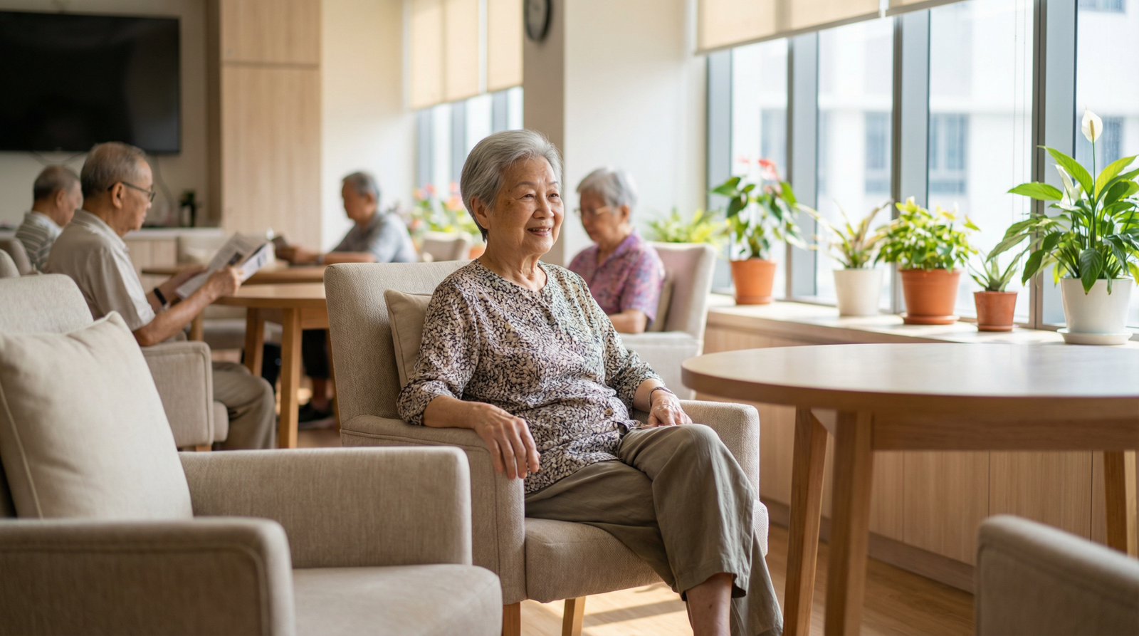 Elderly Singaporean woman seated in a bright nursing home activity room, calm and engaged — whole body vibration nursing home research