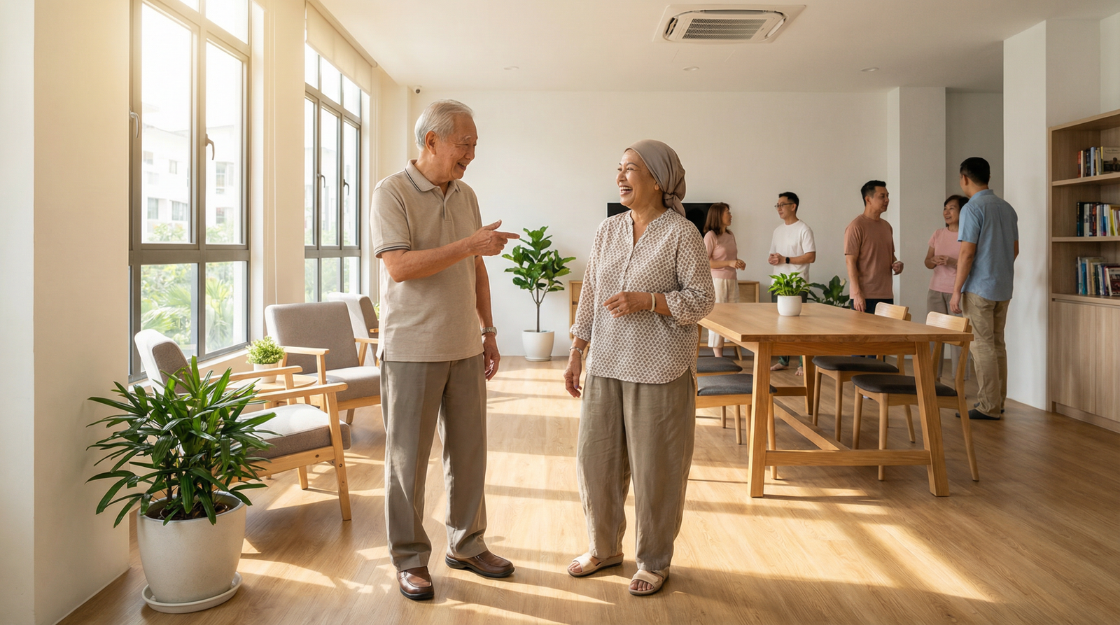 Two elderly Singaporean adults standing and chatting in a bright modern wellness space — whole body vibration sarcopenia research