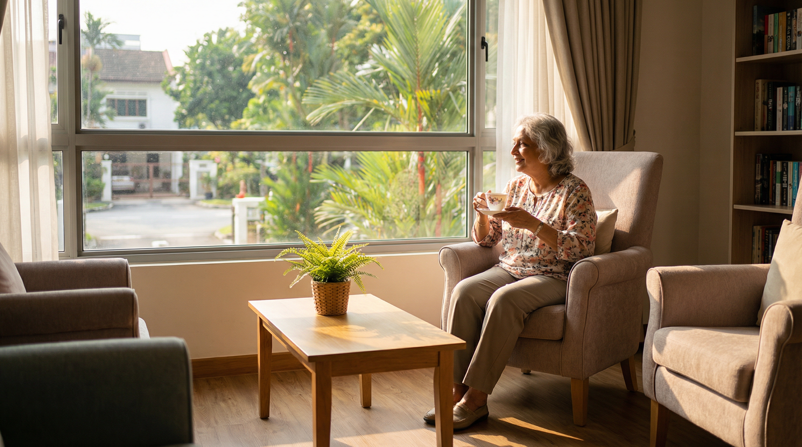 Dignified elderly Indian Singaporean woman seated in a sunlit long-term care facility common room — sarcopenia whole body vibration research