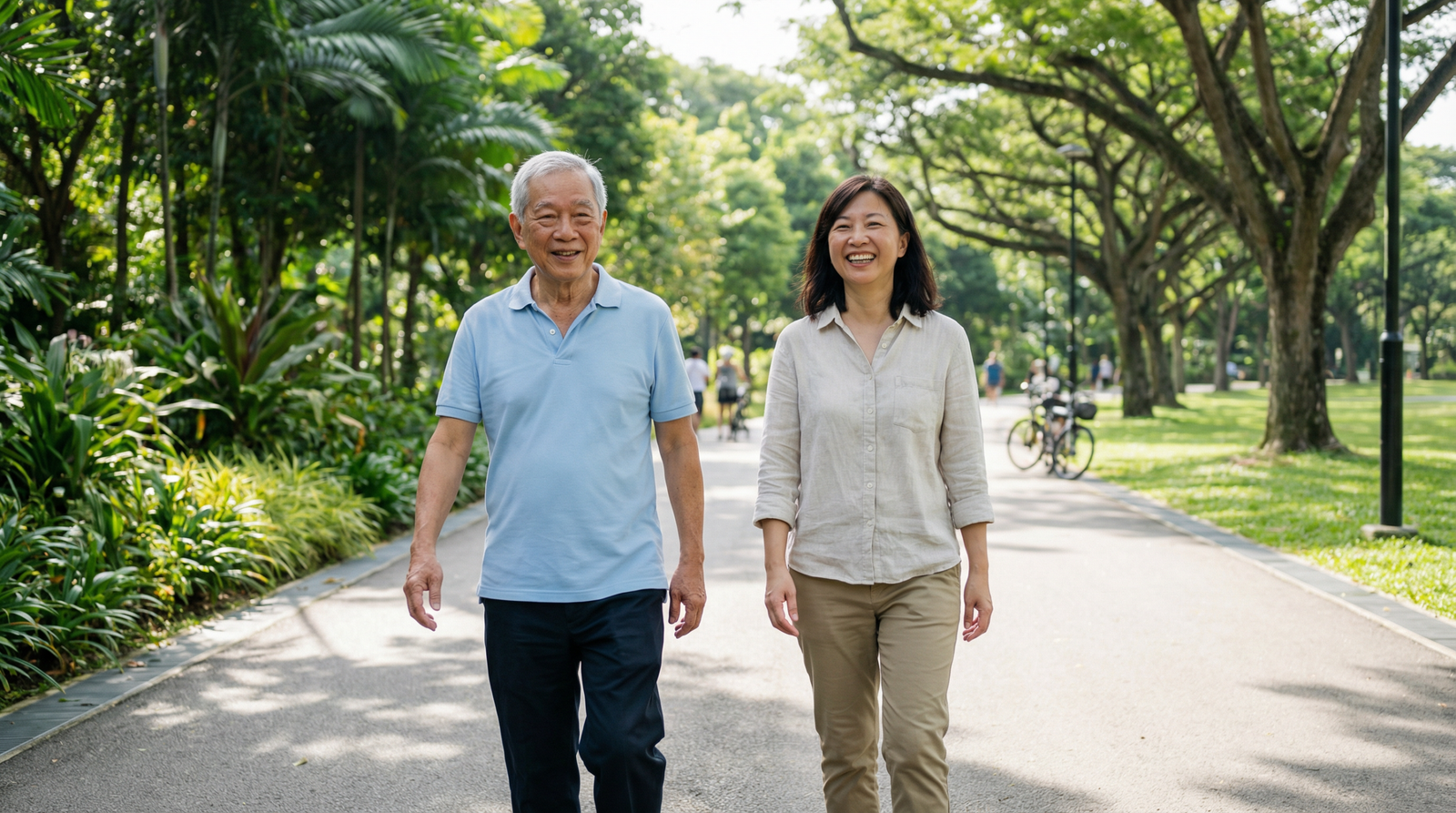 Elderly Chinese Singaporean grandfather walking steadily in a Singapore park with his adult daughter — whole body vibration fall prevention research