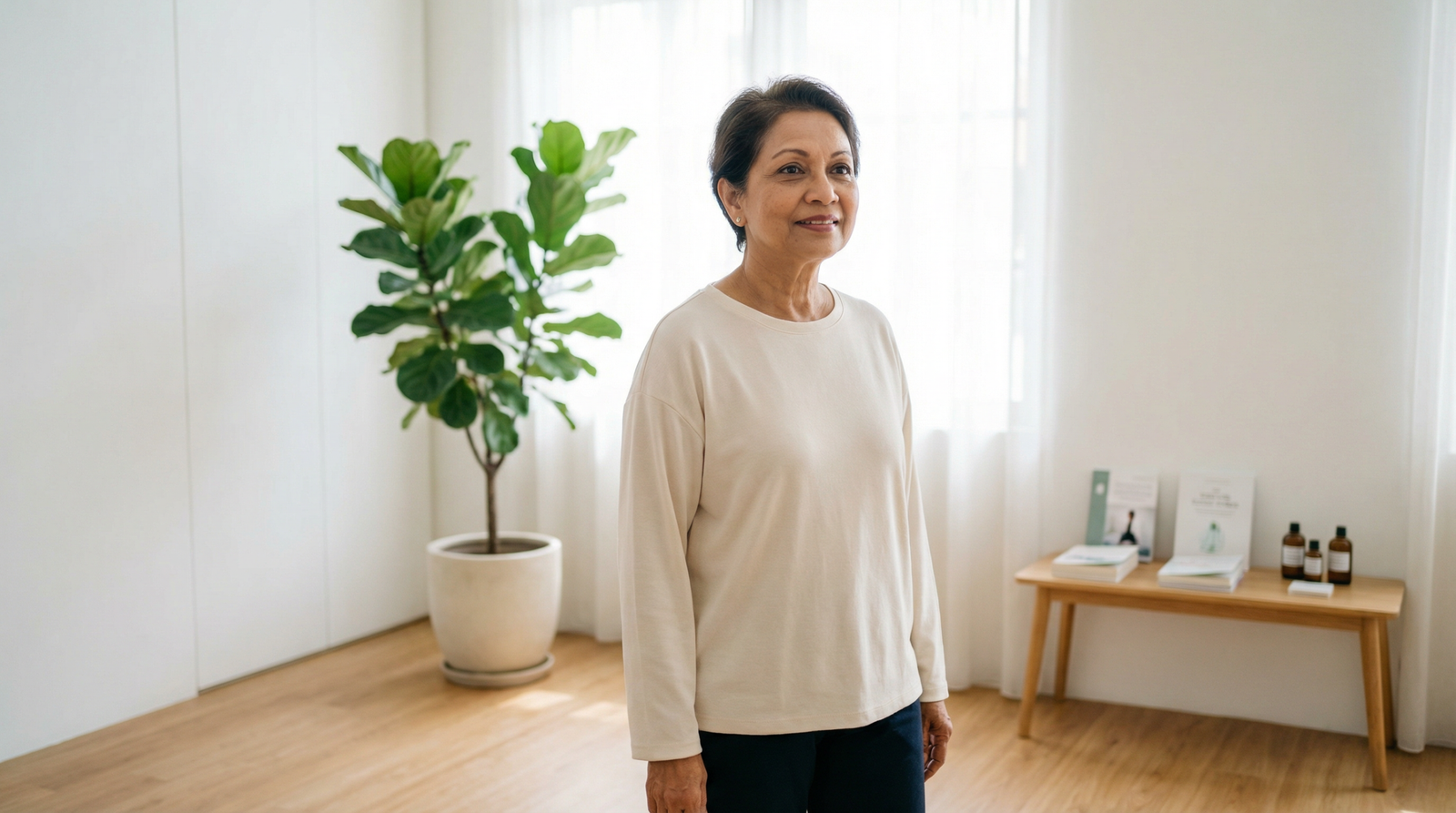 Elegant elderly Malay Singaporean woman standing in a bright wellness lounge, calm and relaxed — whole body vibration muscle mechanism research