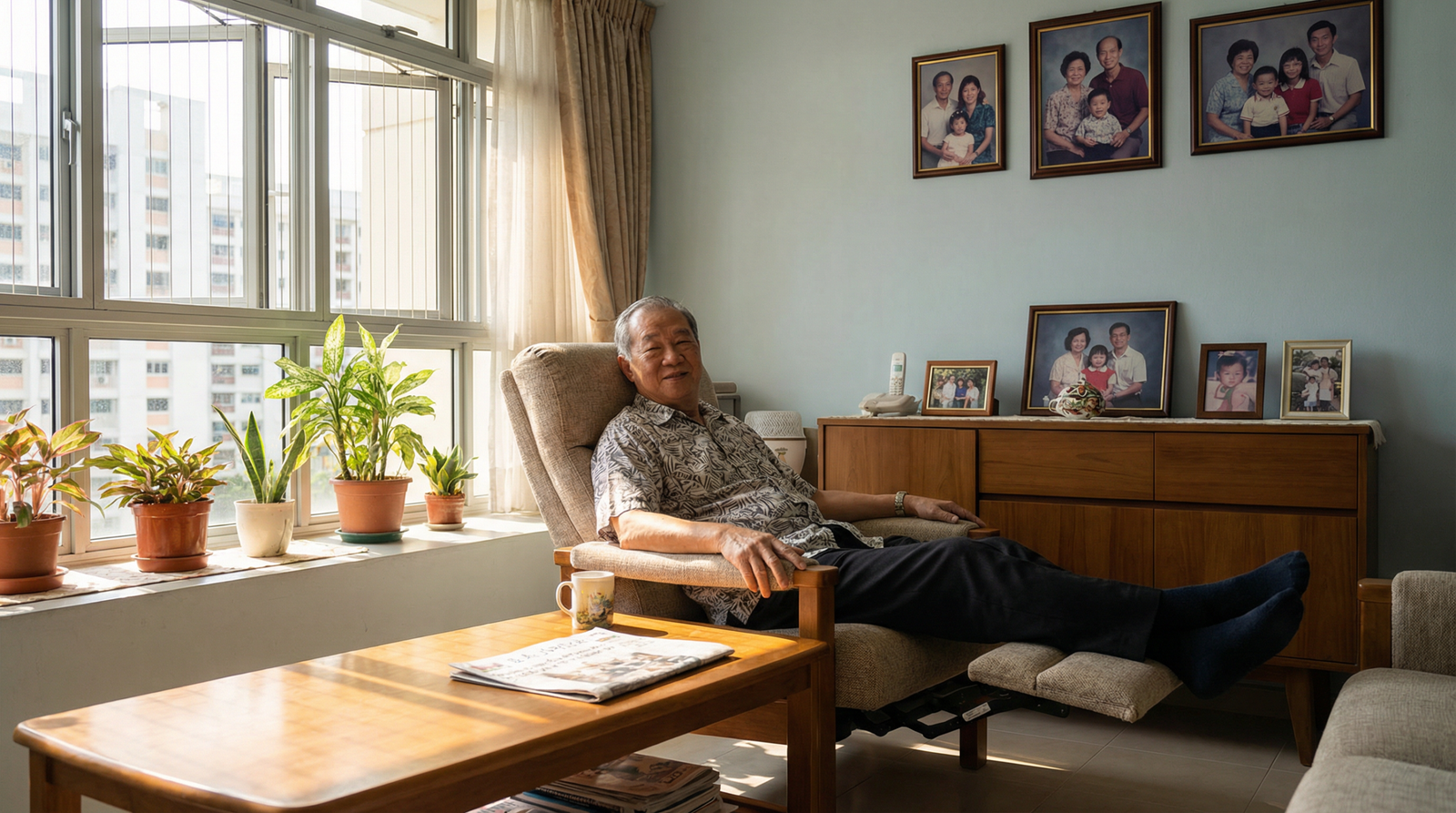 Relaxed elderly Chinese Singaporean man sitting comfortably in a well-lit HDB living room — whole body vibration chronic low back pain research