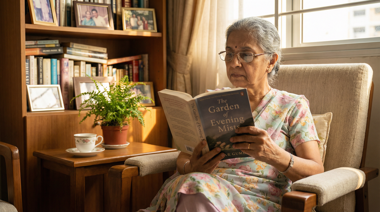 Engaged elderly Indian Singaporean woman reading a book in a bright Singapore living room — whole body vibration cognitive function brain health research