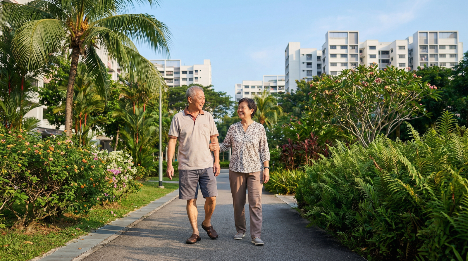 Elderly Singaporean Chinese couple walking together on a bright neighbourhood park path — whole body vibration knee osteoarthritis research